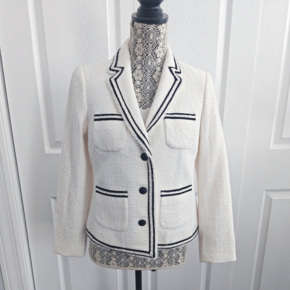 Talbots Petite Tweed Woven Jacket - White w/ Navy Blue Trim - Size 6P